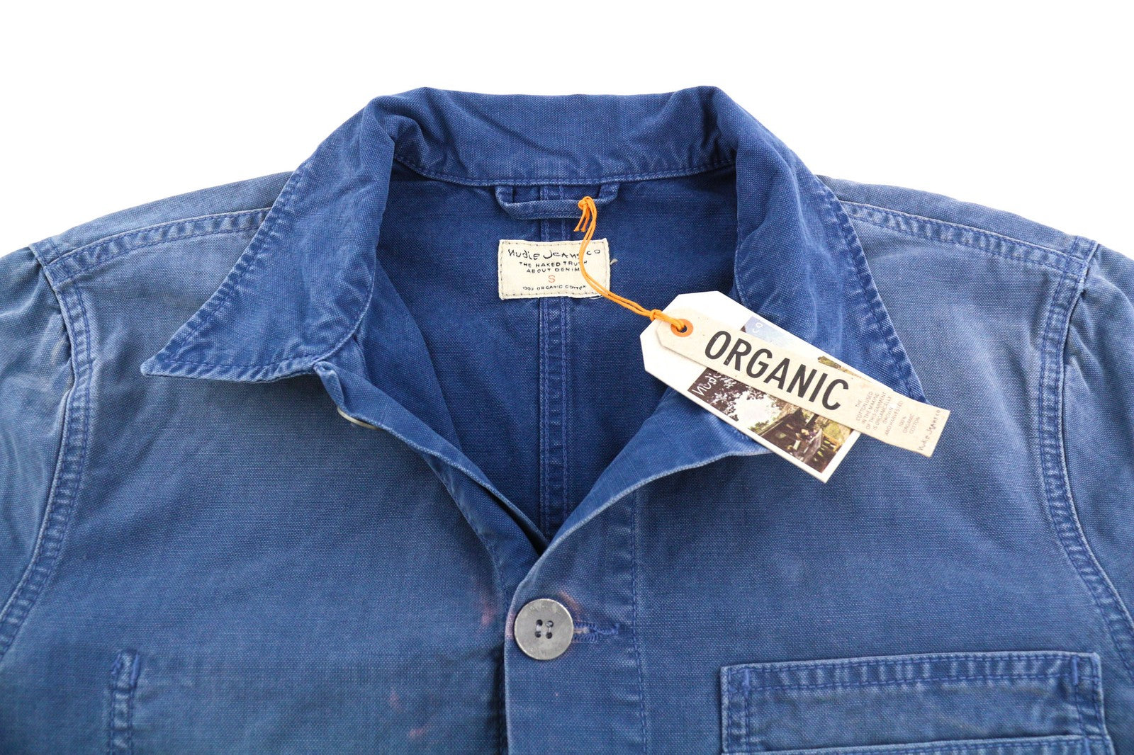 NUDIE Paul Mens Jacket S Worker Oden Blue Washed Buttoned Neck Unlined