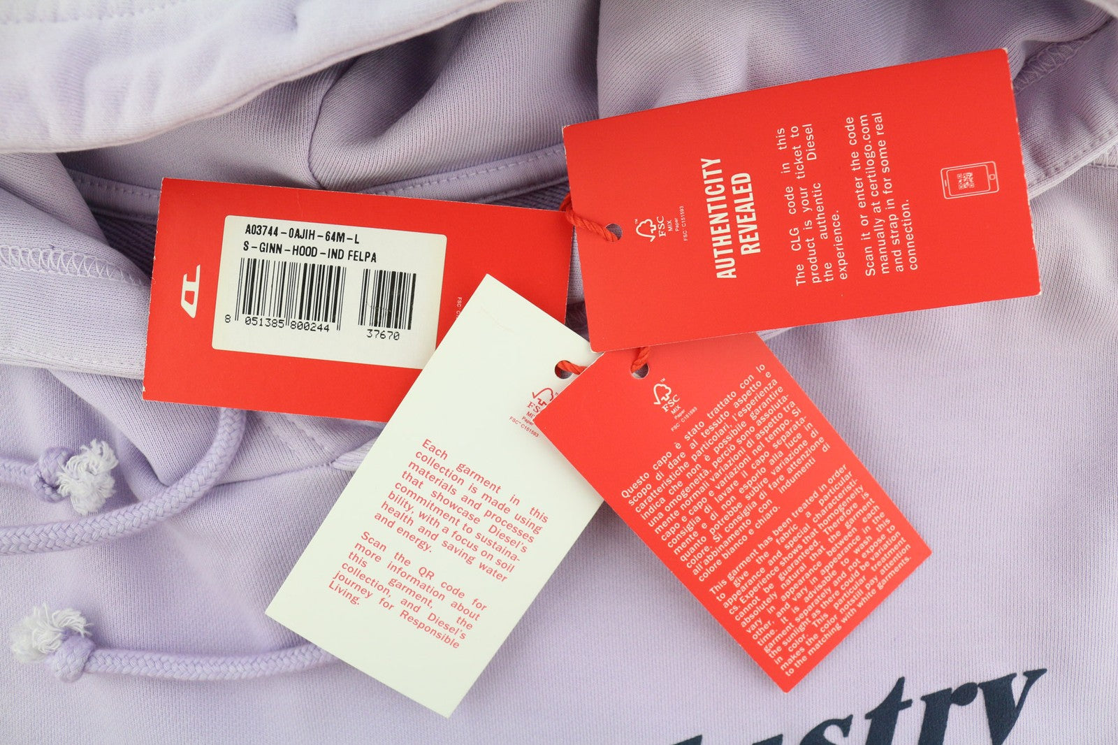 DIESEL S-Ginn-Hood-Ind Mens Hoodie L Light Purple Pullover Kangaroo RRP€175