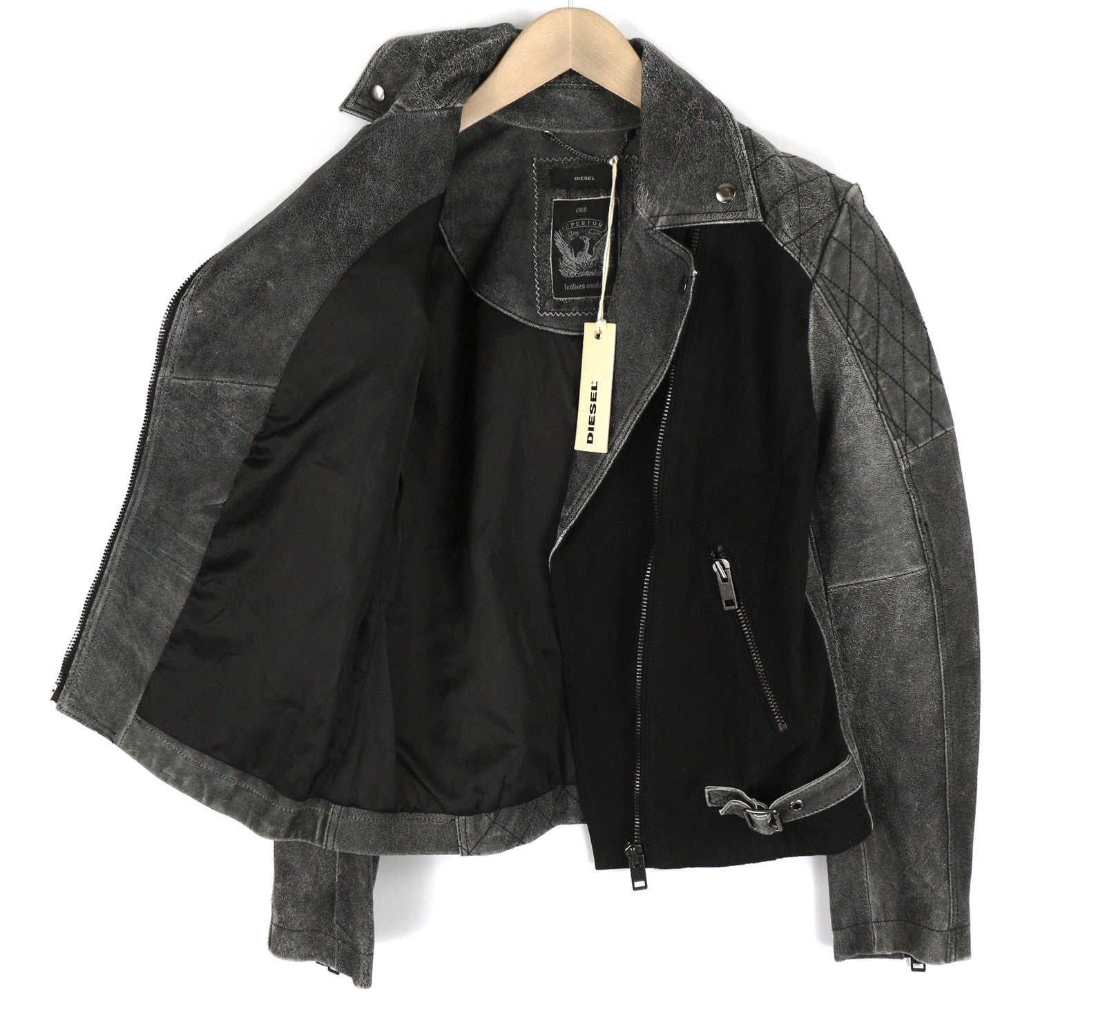 DIESEL L-Dada-A Womens Jacket M Dark Washed Goatskin Leather Asymm Zip RRP€410