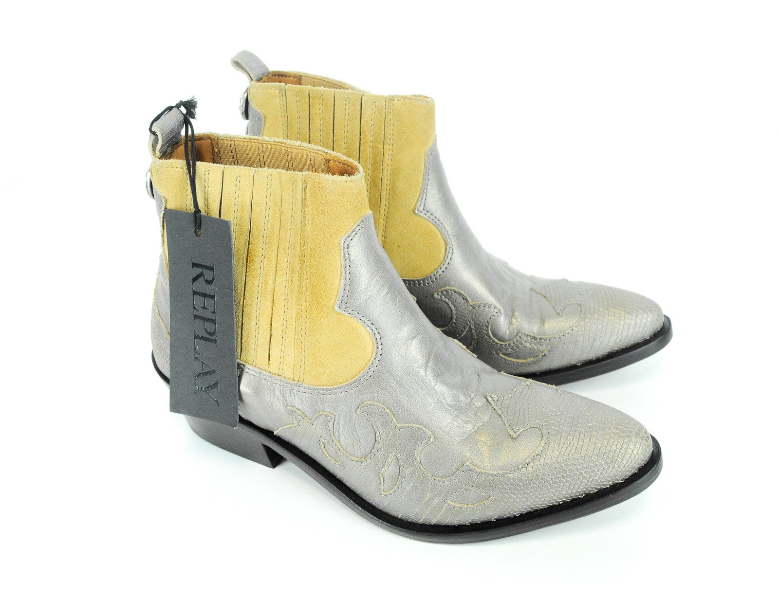 REPLAY Womens Cowboy Boots EU36 Brown Silver Suede Pattern Leather Ankle