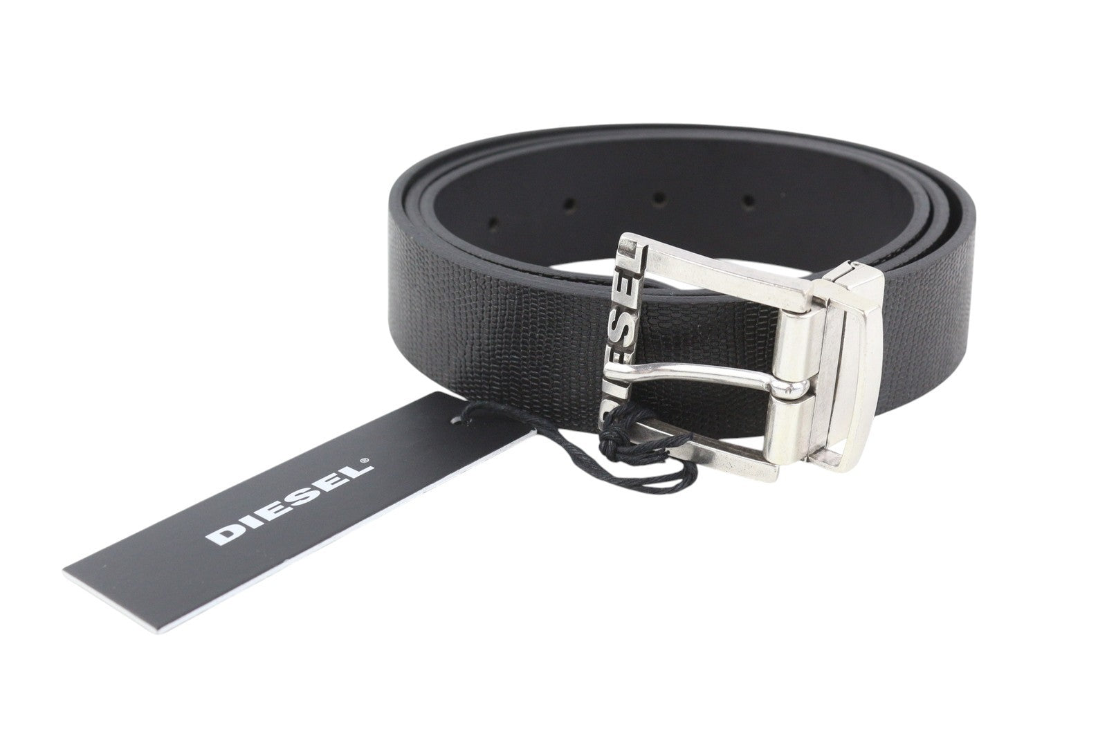 DIESEL B-Shift Men Belt 100 CM Black Textured Silver Tone Buckle Closure Logo