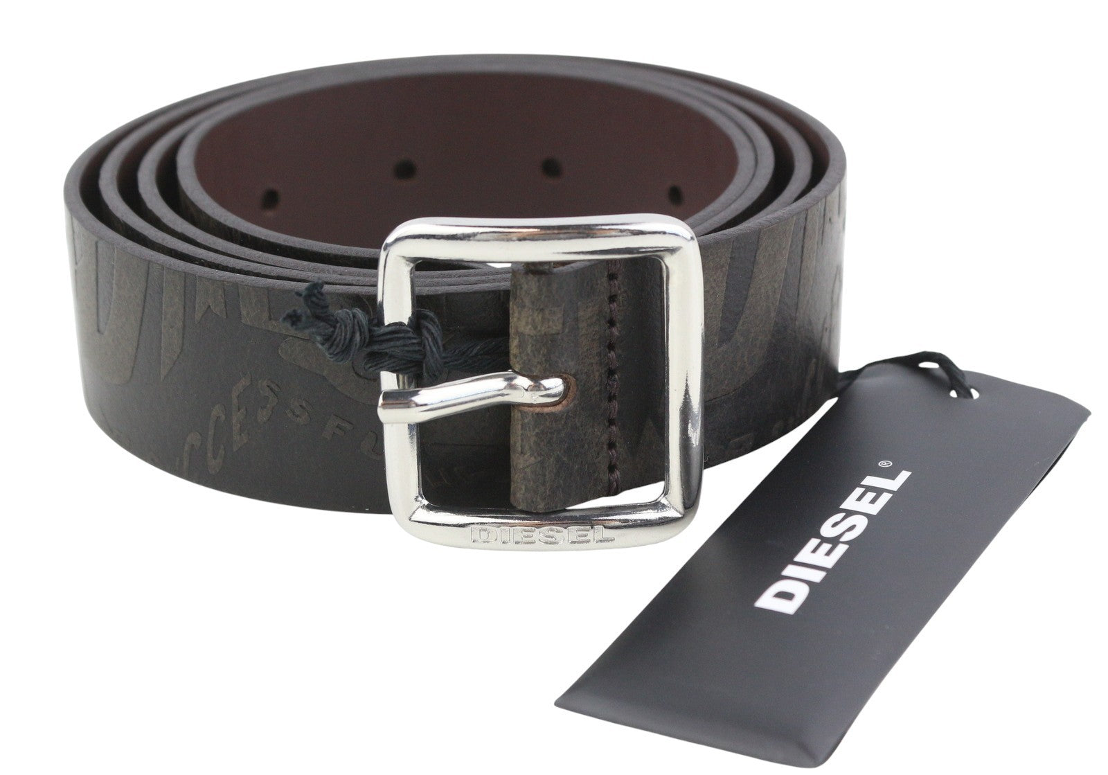 DIESEL B-Billover Men Belt 105CM Brown Leather Printed Silver Tone Buckle Logo