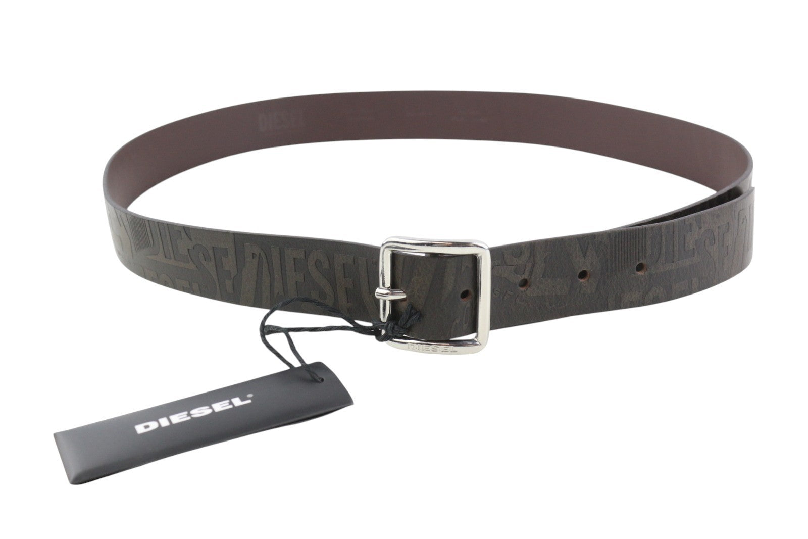 DIESEL B-Billover Men Belt 105CM Brown Leather Printed Silver Tone Buckle Logo