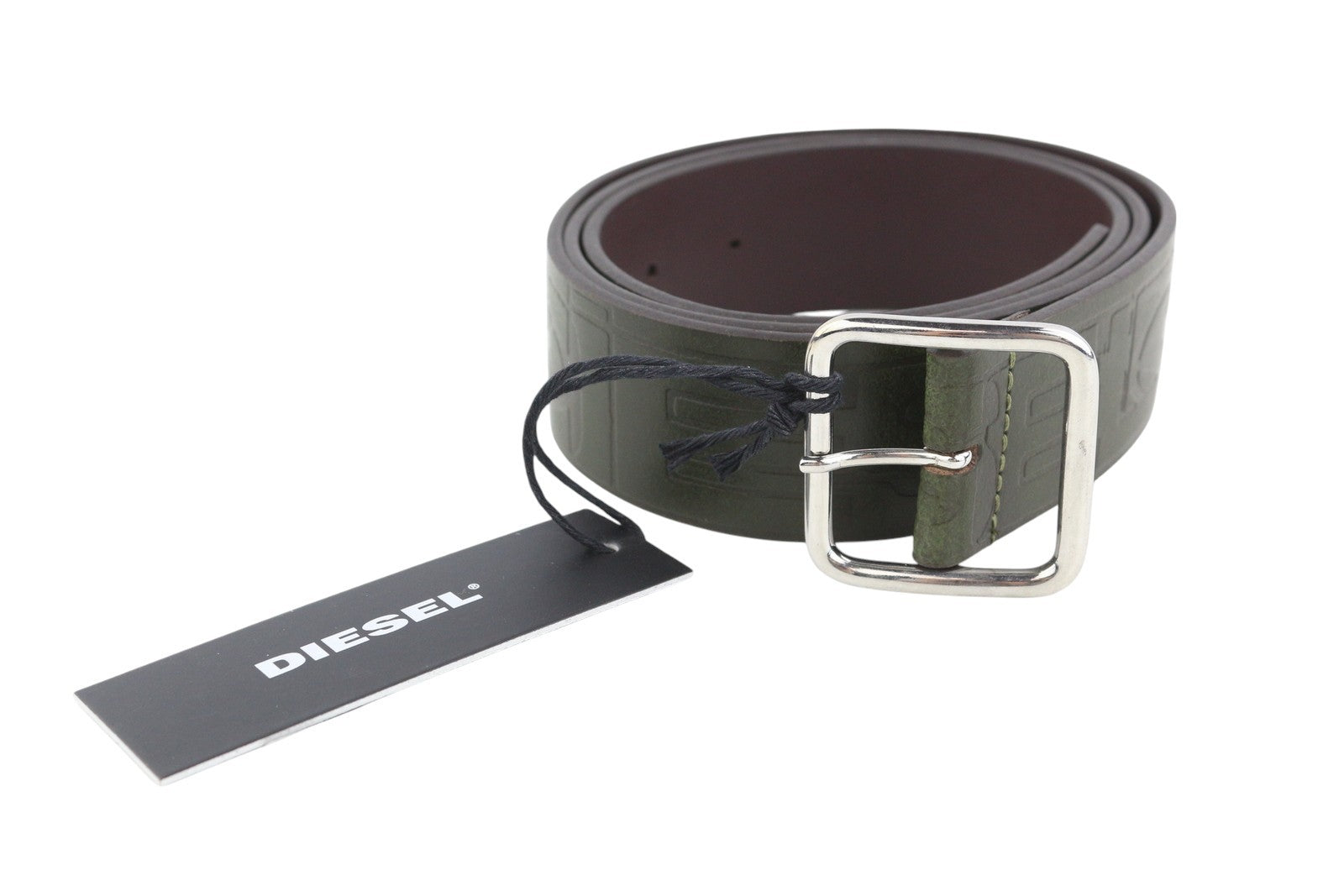 DIESEL B-Illy Men Belt 100 CM Dark Green Leather Silver Tone Buckle Casual Logo