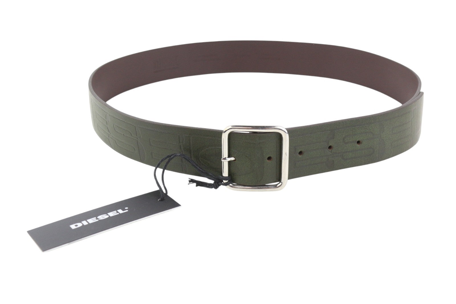 DIESEL B-Illy Men Belt 100 CM Dark Green Leather Silver Tone Buckle Casual Logo