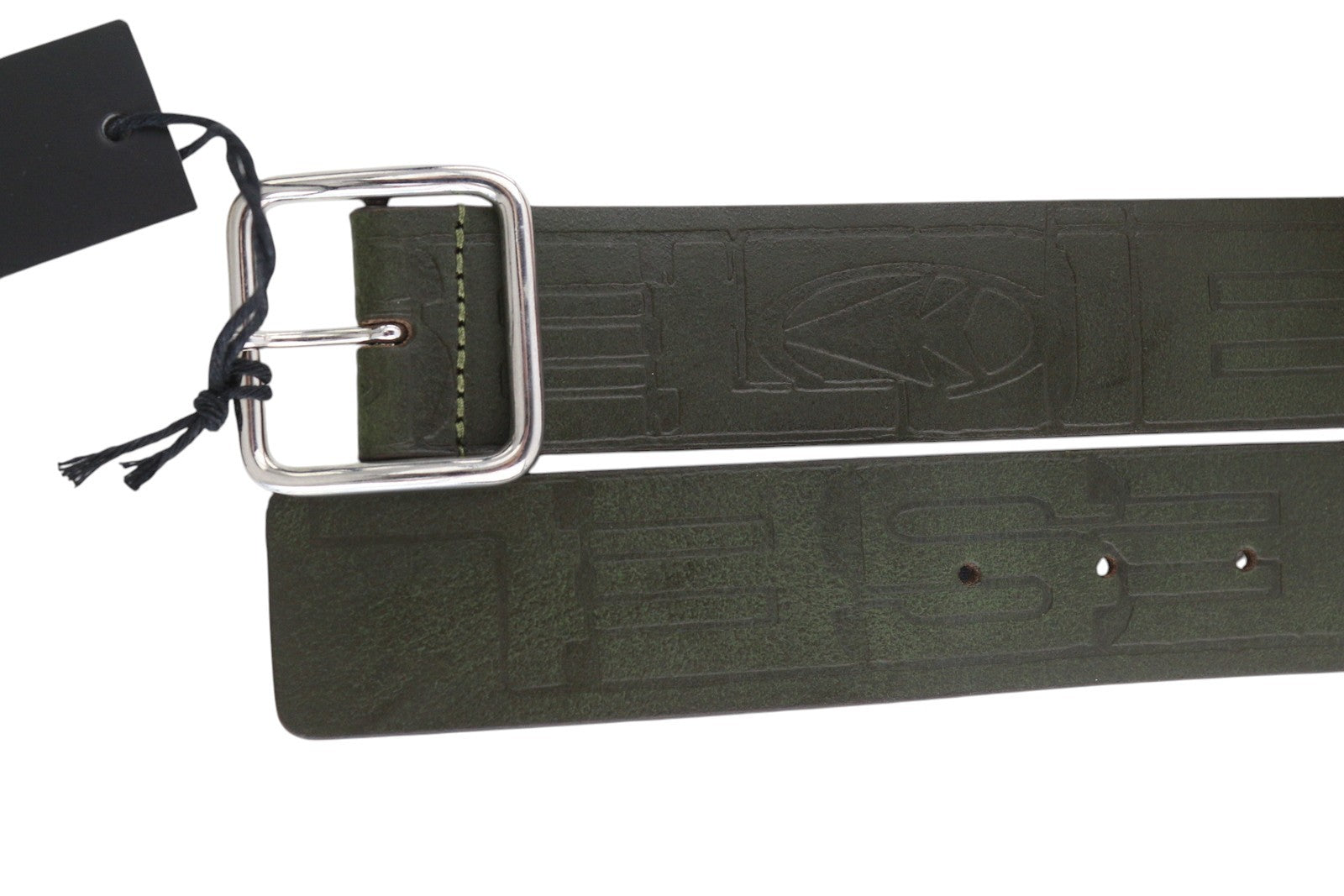 DIESEL B-Illy Men Belt 100 CM Dark Green Leather Silver Tone Buckle Casual Logo