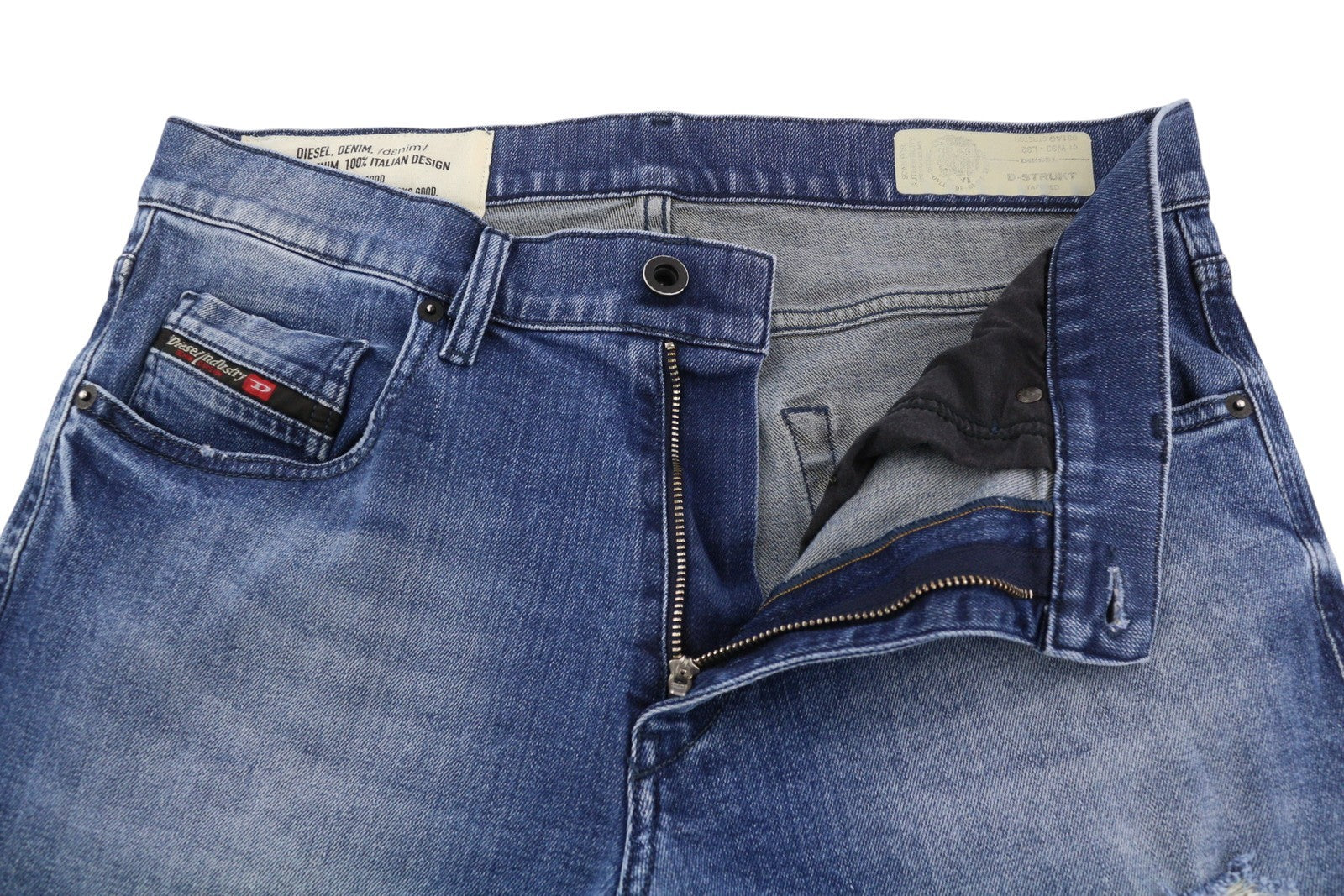 DIESEL D-Strukt 081AQ Men Jeans W33/L32 Tapered Fit Stretch Distress Washed Blue