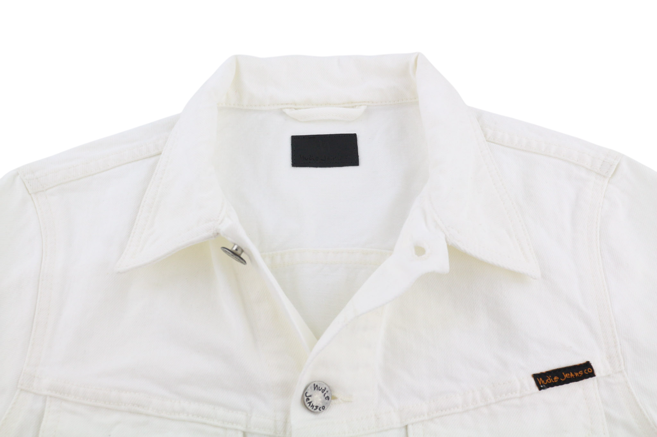 NUDIE Perry Mens Jacket S Organic White Buttoned Neck Pockets  Denim