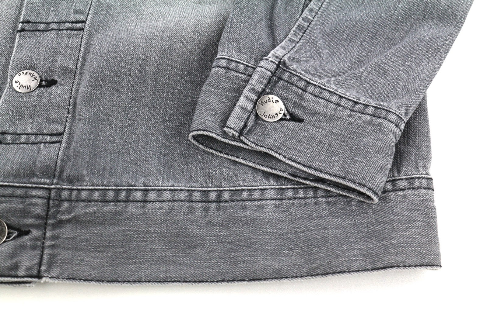 NUDIE Conny Mens Jacket XS Sunbleached Black Buttoned Cotton Washed Grey