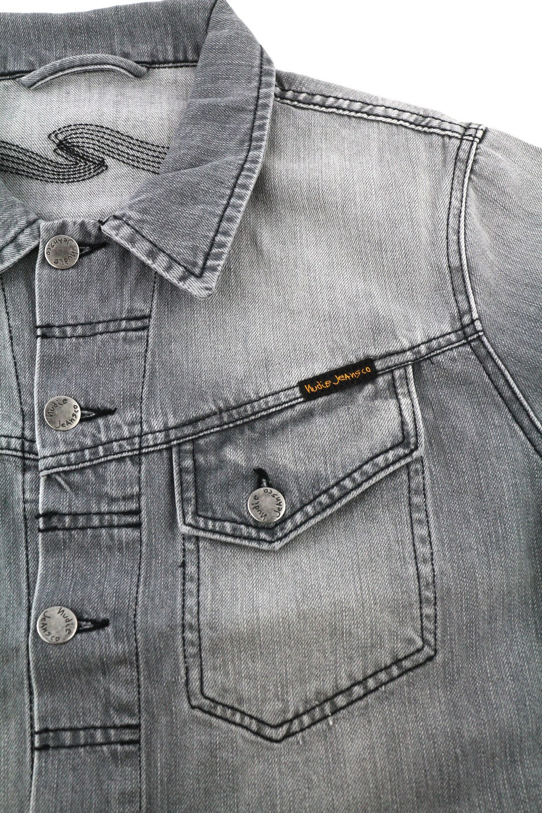 NUDIE Conny Mens Jacket XS Sunbleached Black Buttoned Cotton Washed Grey