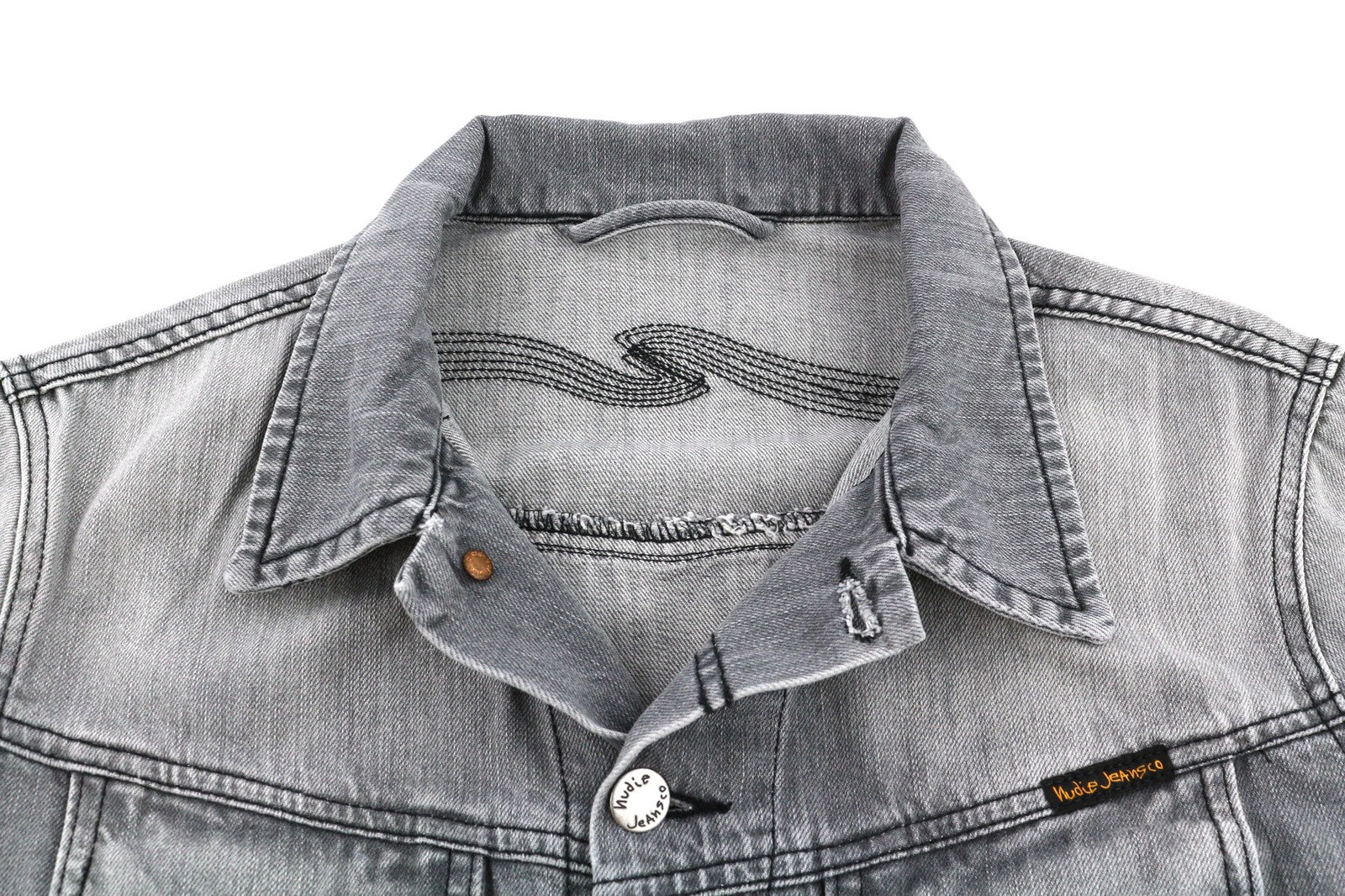 NUDIE Conny Mens Jacket M Sunbleached Black Buttoned  Cotton Washed Grey