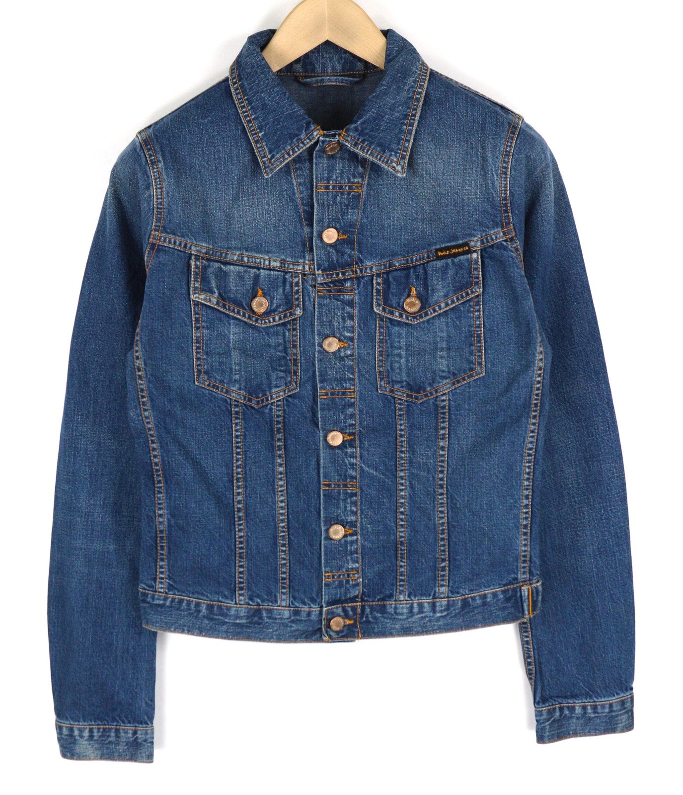 NUDIE Terry Mens Jacket S Recycle Worn In Washed Blue Buttoned Pockets Denim