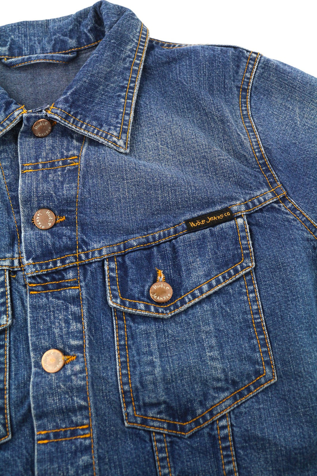 NUDIE Terry Mens Jacket S Recycle Worn In Washed Blue Buttoned Pockets Denim