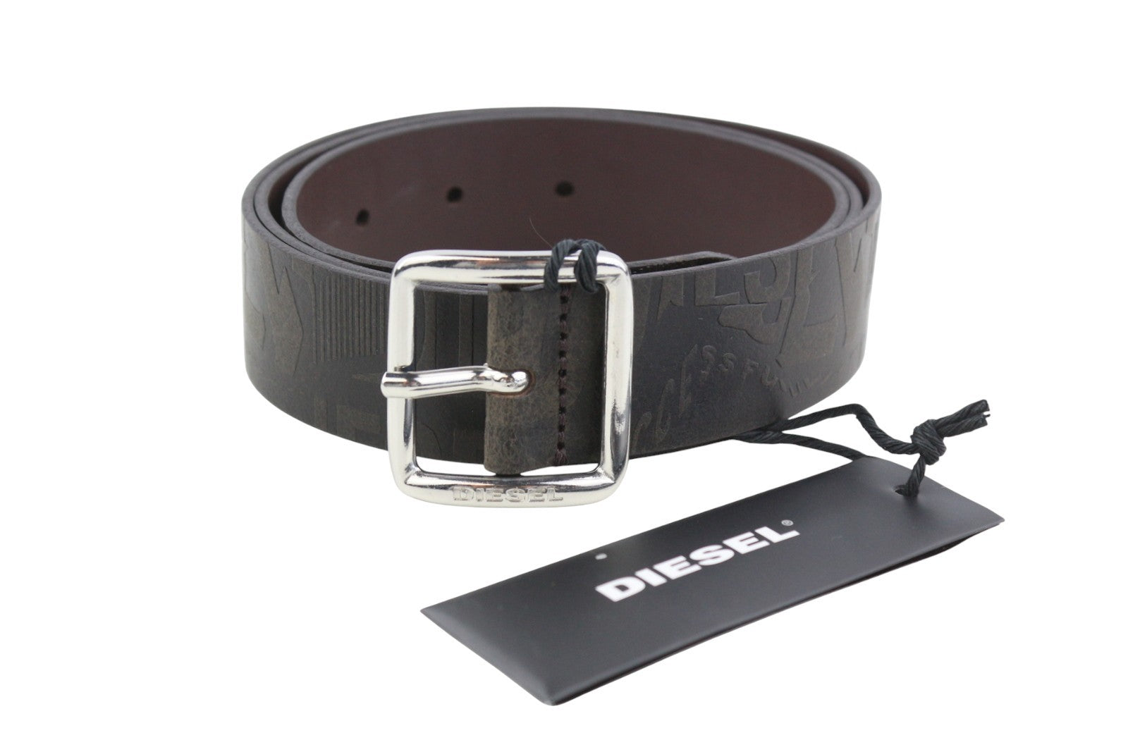 DIESEL B-Billover Men's Belt 95 CM Dark Brown Leather Printed Silver Tone Buckle