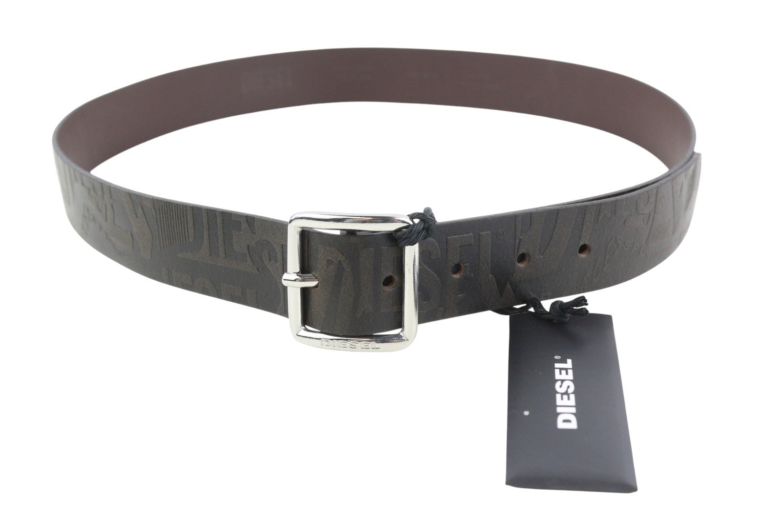 DIESEL B-Billover Men's Belt 95 CM Dark Brown Leather Printed Silver Tone Buckle