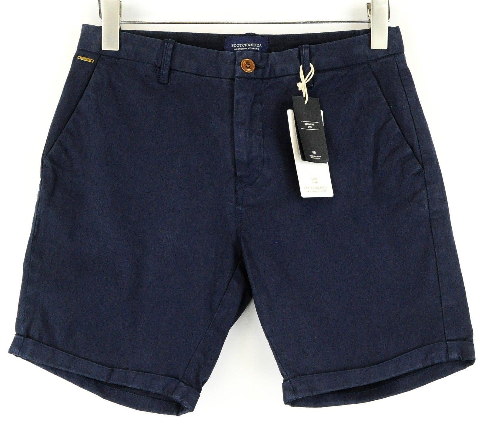 SCOTCH & SODA Ams Couture Shorts W28 Mens Navy Dyed Cotton Stretchy Slit Pocket