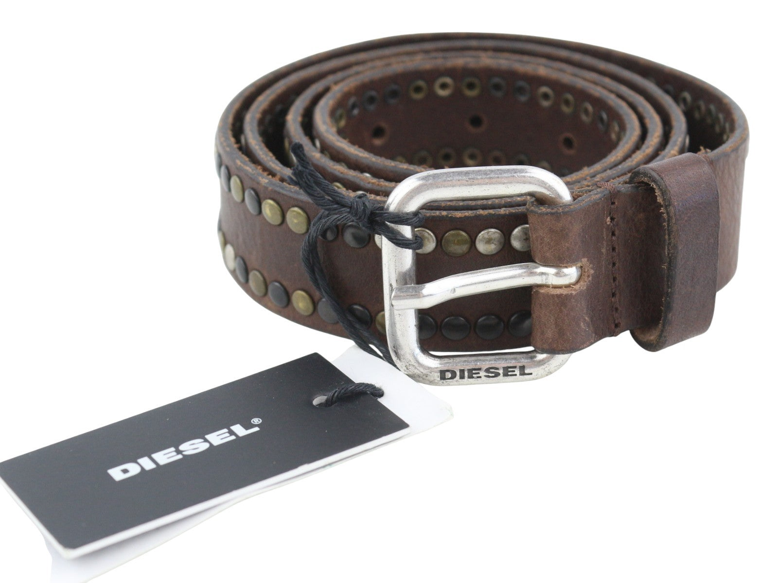 DIESEL B-Ost Men Belt 95 CM Mid Brown Silver Tone Details Buckle RRP€200