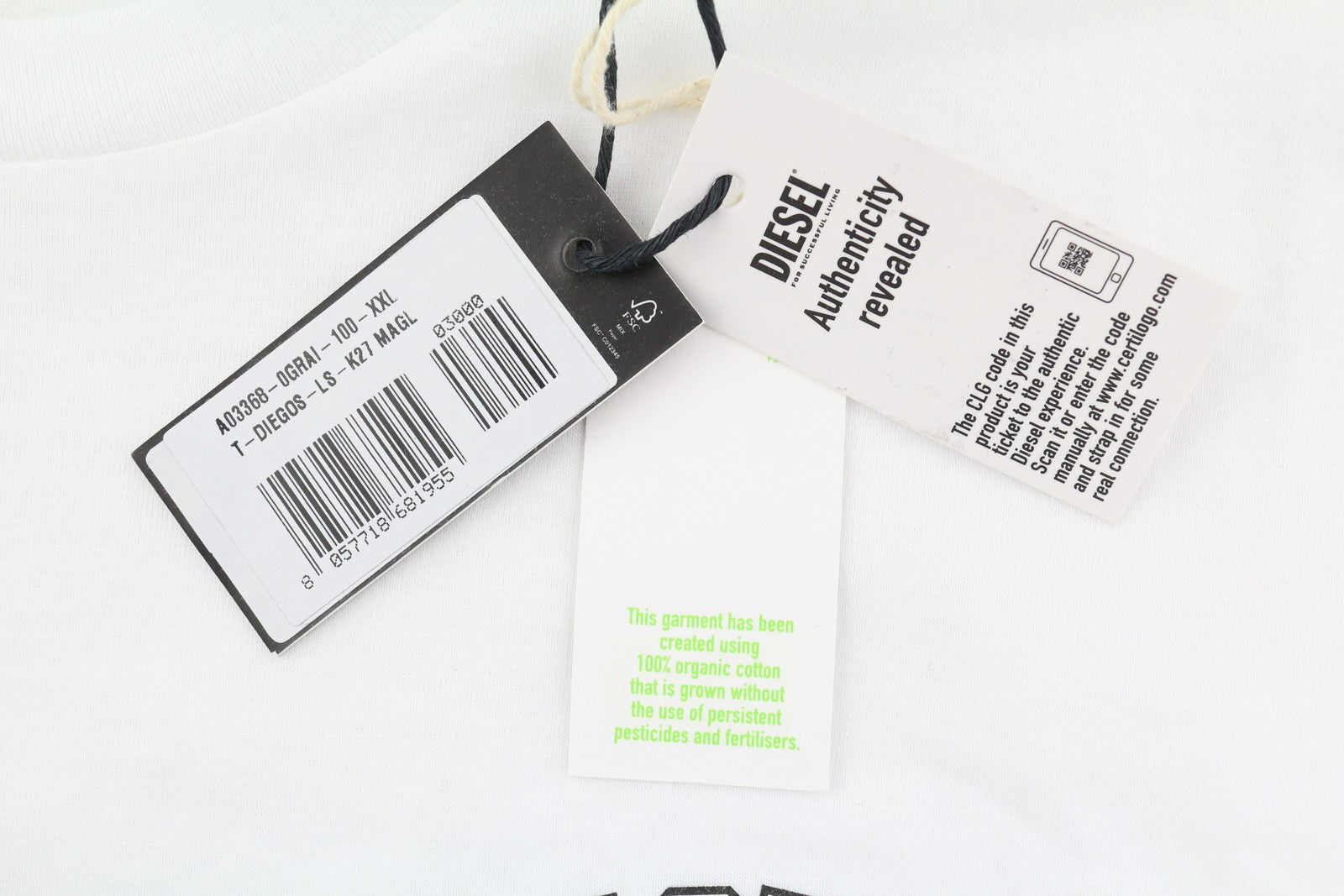 DIESEL T-Diegos-LS-K27 Men T-Shirt 2XL White Cotton Long Sleeved Crew Neck