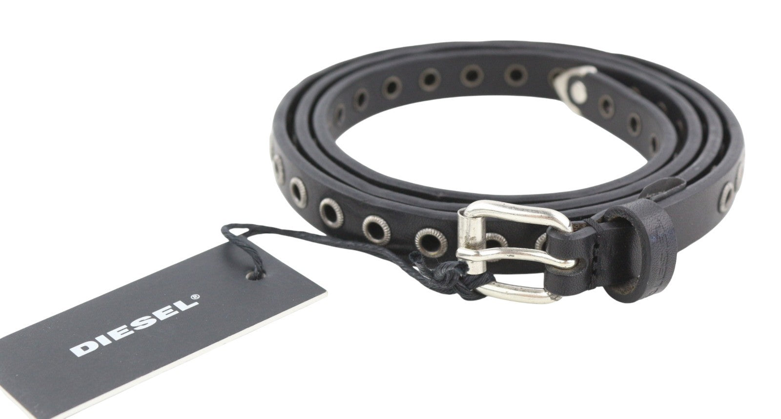 DIESEL B-EYE Women Belt 95 CM Black Leather Silver Tone Details Buckle Casual