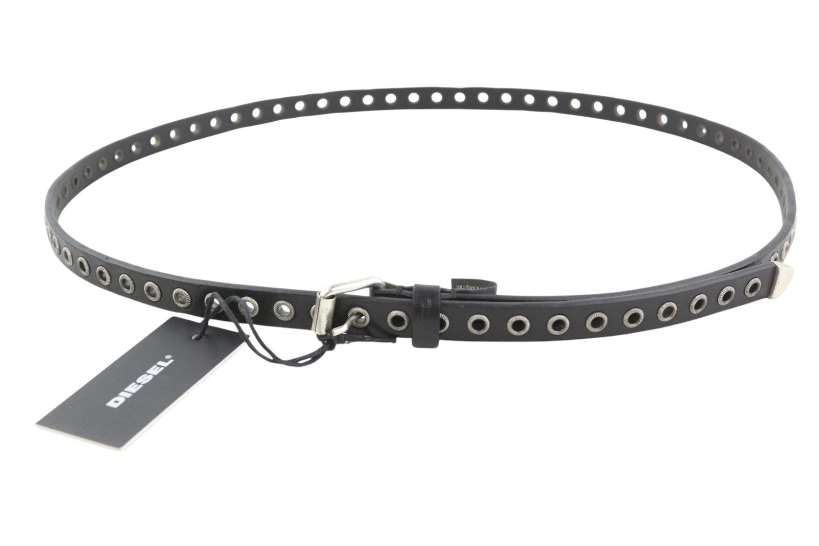 DIESEL B-EYE Women Belt 95 CM Black Leather Silver Tone Details Buckle Casual