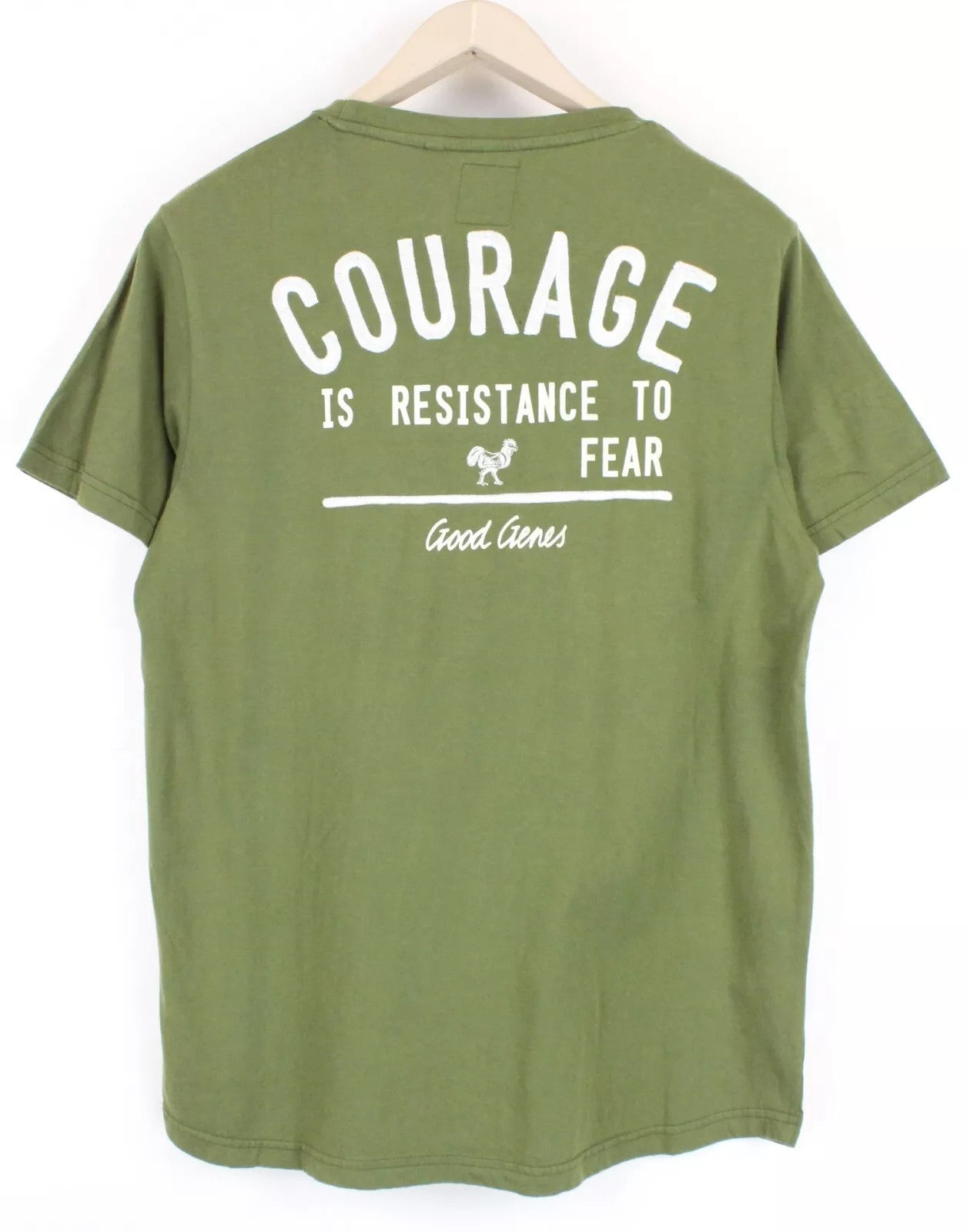 GOOD GENES Men`s T-Shirt M Jersey Printed Rooster Logo Khaki Green Crew Neck