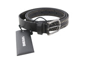 DIESEL B-Inary Men Belt 95 CM Black Leather Silver Tone Details Buckle RRP€200