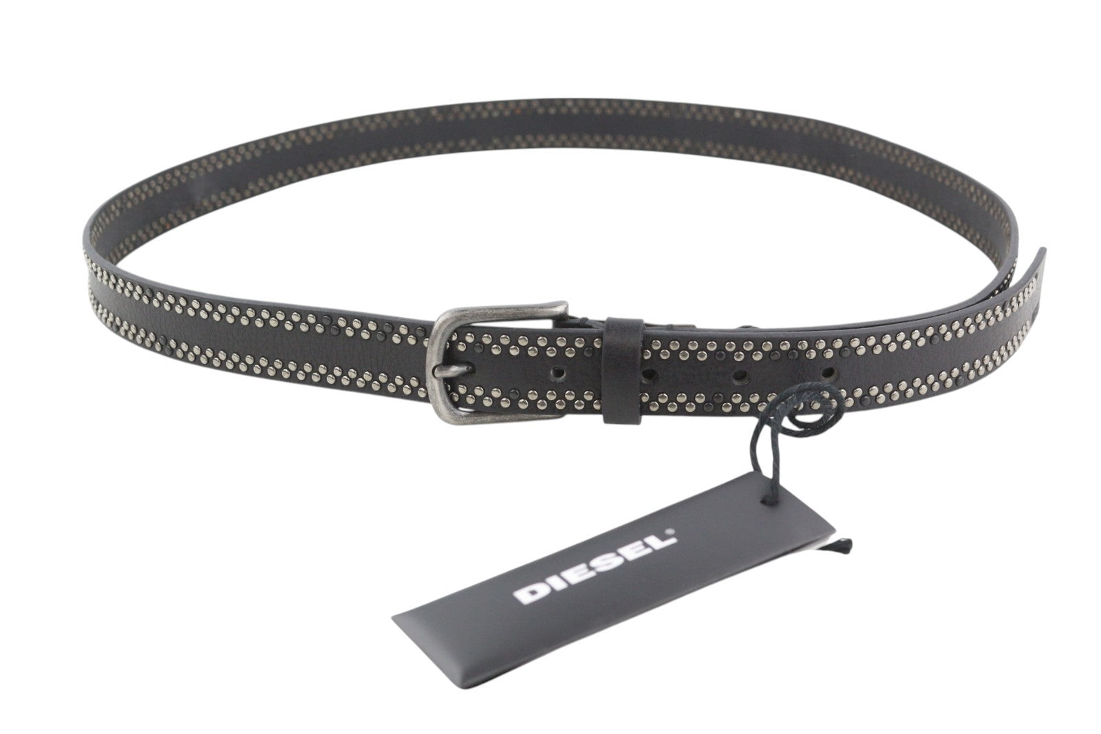 DIESEL B-Inary Men Belt 95 CM Black Leather Silver Tone Details Buckle RRP€200