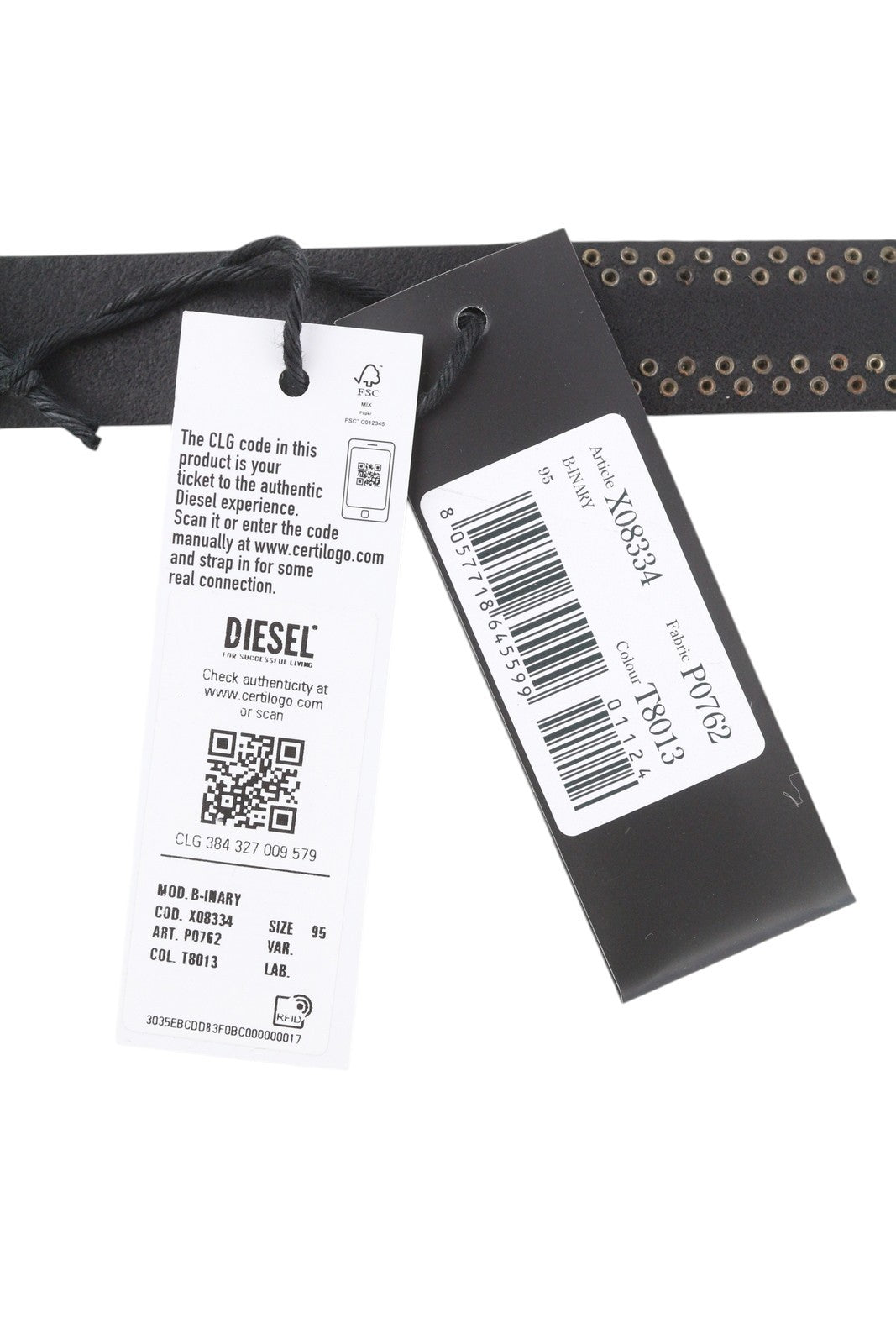 DIESEL B-Inary Men Belt 95 CM Black Leather Silver Tone Details Buckle RRP€200