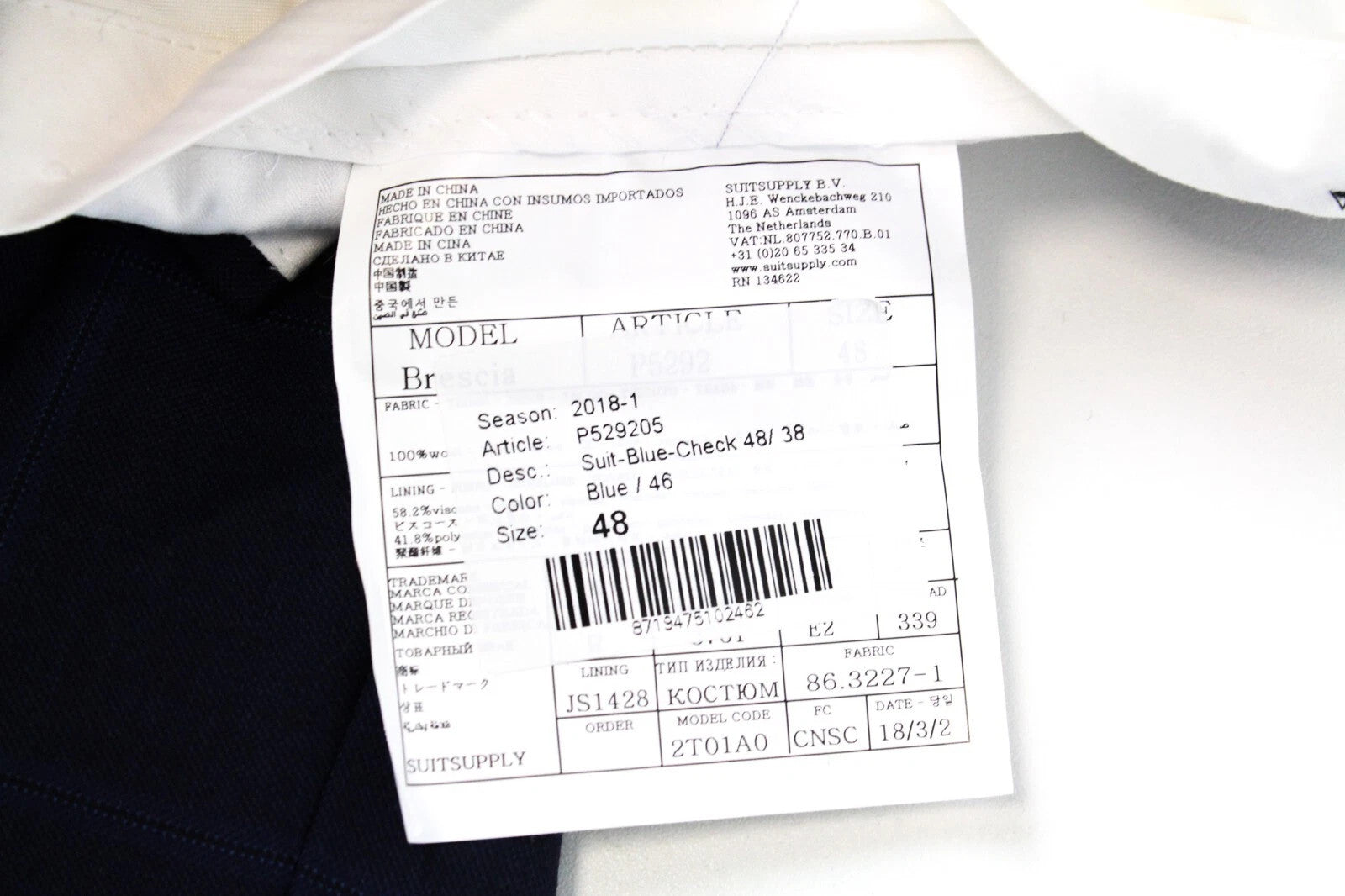 SUITSUPPLY Lazio Men`s Suit UK38R Slim Fit Blue Wool Checked 2-Piece Lined