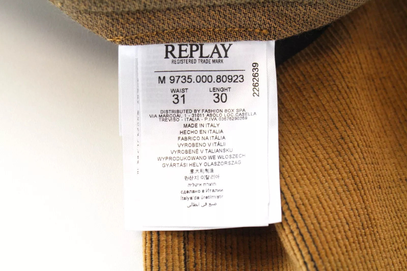 REPLAY Men`s Trousers W31/L30 Patched Corduroy Brown Button-Fly Straight Fit