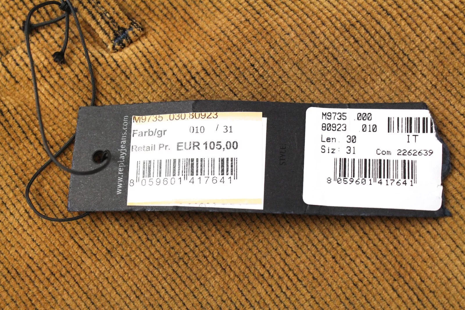 REPLAY Men`s Trousers W31/L30 Patched Corduroy Brown Button-Fly Straight Fit