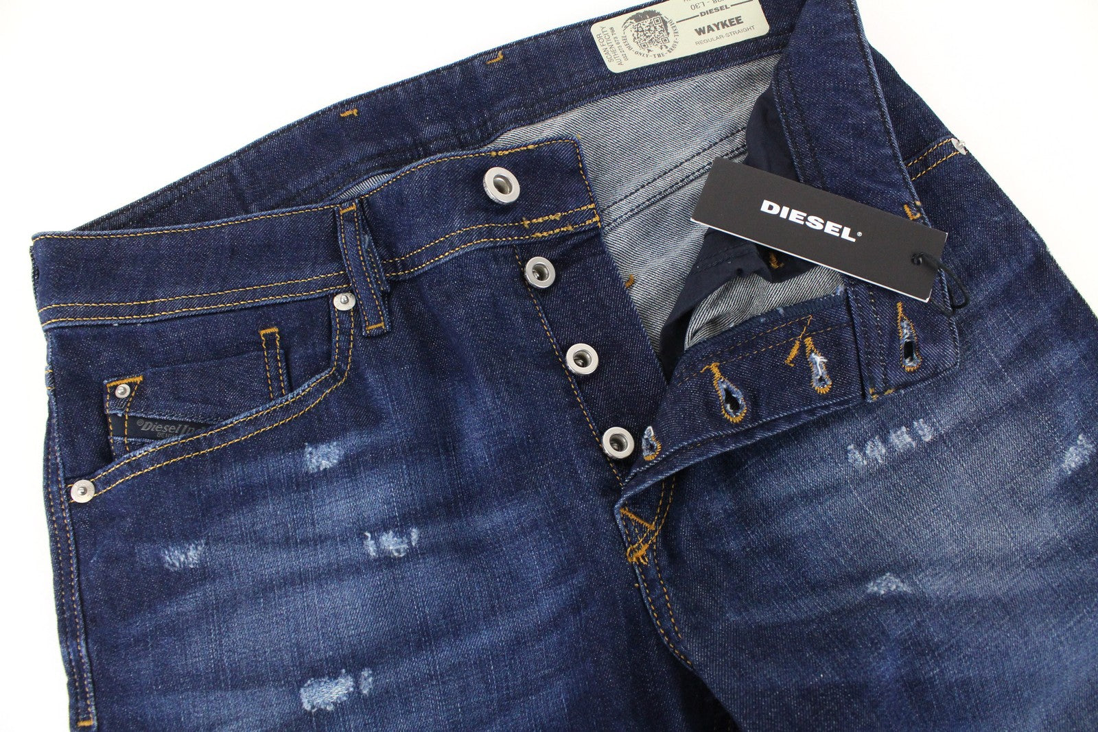 DIESEL Waykee R7NA8 Men's Jeans W28 L30 Straight Fit Ripped Blue Cotton Stretch