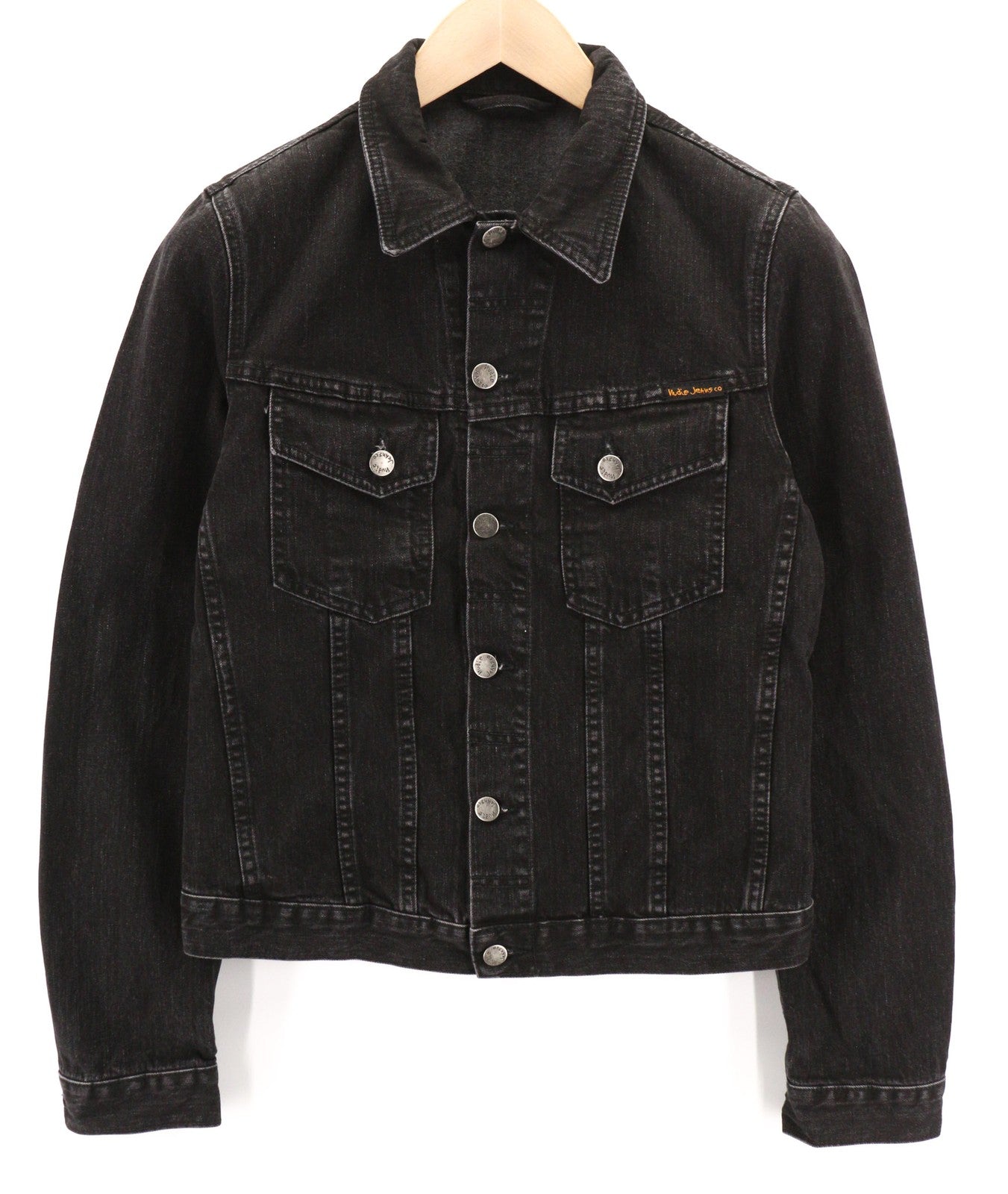 NUDIE JEANS Perry Organic Black Stone Men Jacket S Denim Black Pure Cotton Faded