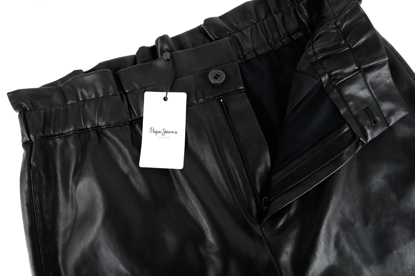 PEPE JEANS Women Trousers XL Black Faux Leather Straight Fit Waistband Style