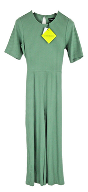 EVEN & ODD Women Jumpsuit M Green Short Sleeve Ribbed Cotton Belted Stretch