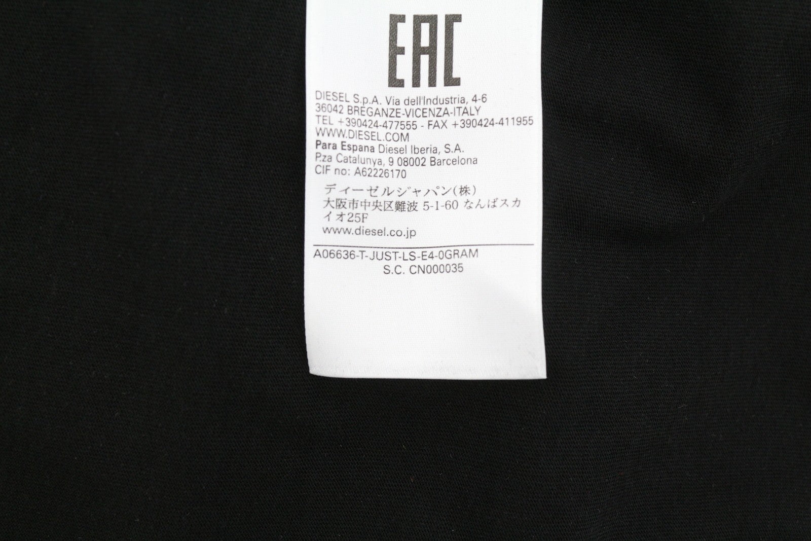 DIESEL T-Just-LS-E4 Men T-Shirt M Black Lon Sleeve Crew Neck Tricot