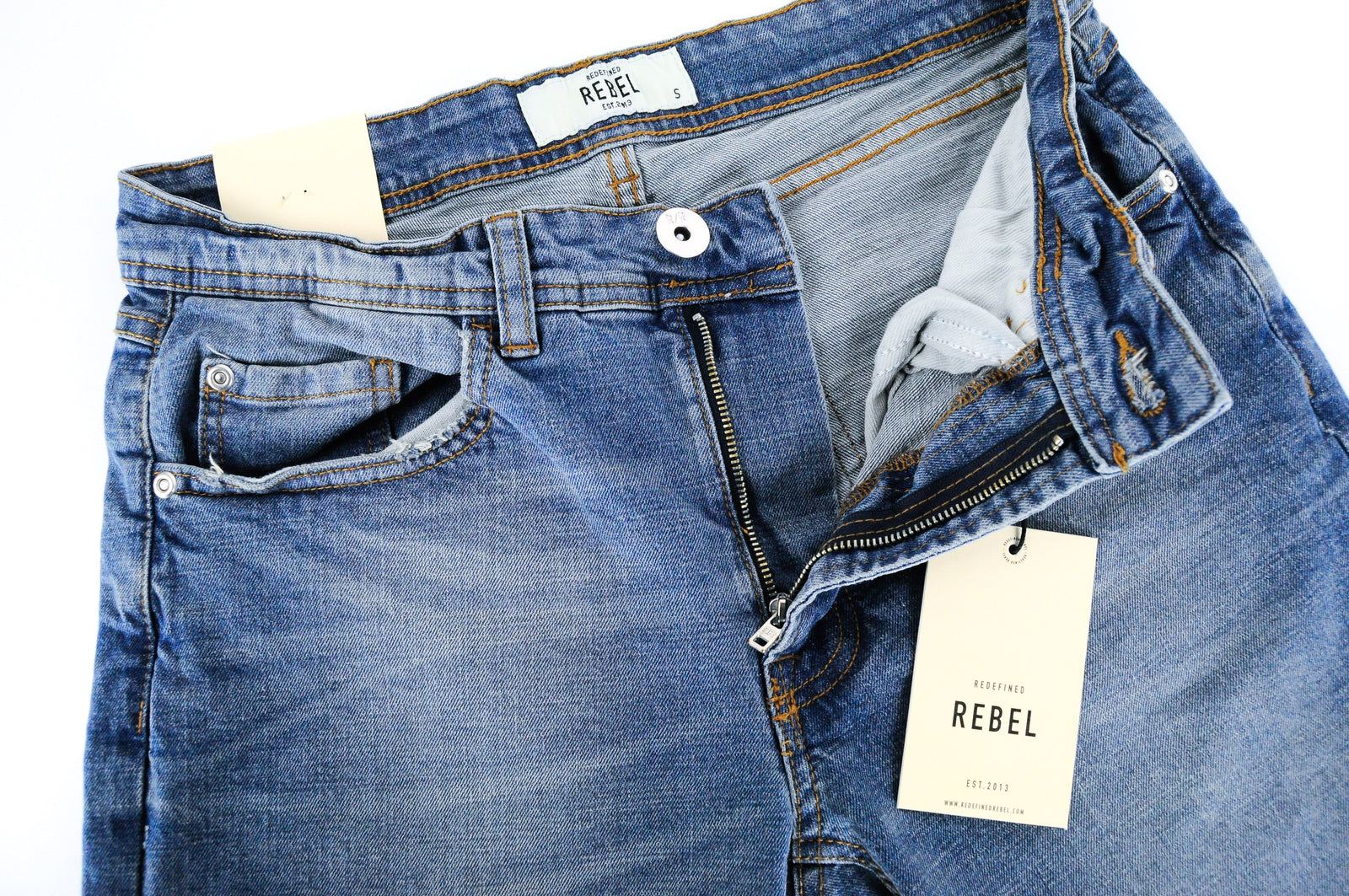 REDEFINED REBEL Men Shorts S Blue Washed Denim Cotton Stretch 5-Pocket Style