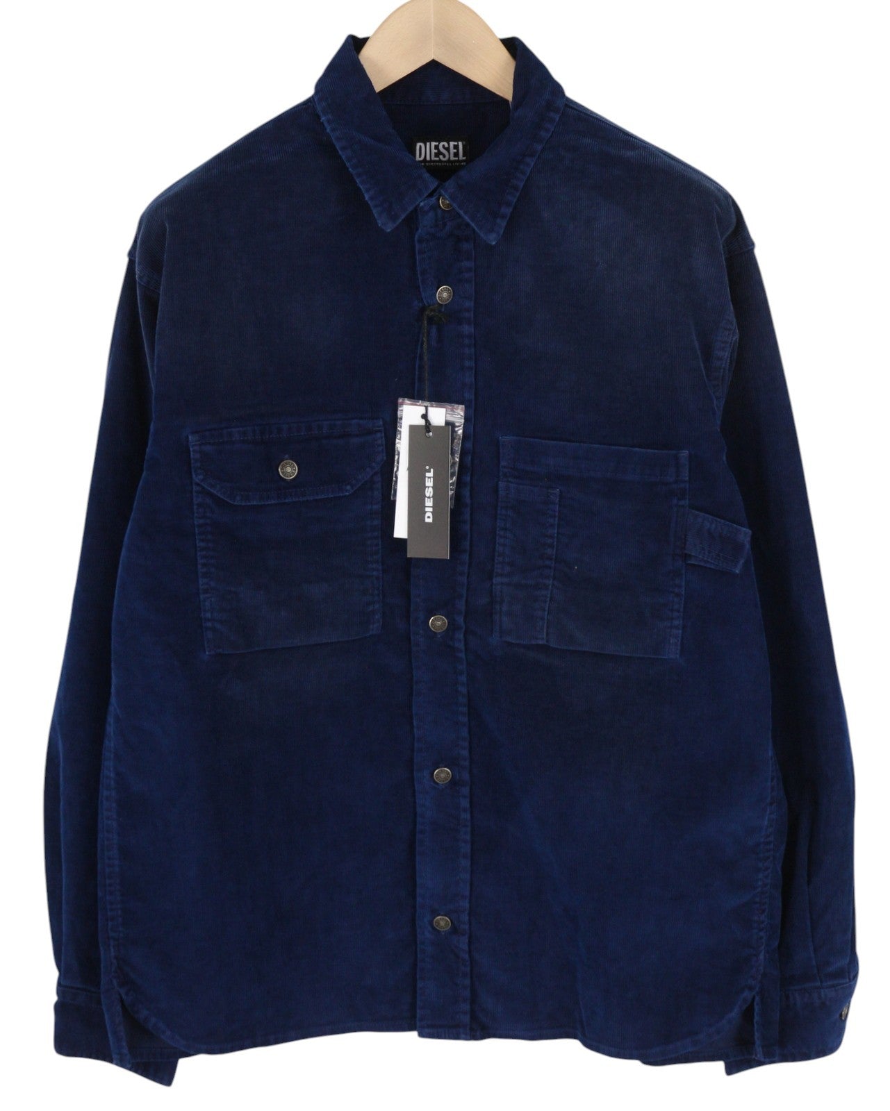 DIESEL S-Bun-Cord Men Shirt M Washed Blue Corduroy Thick Spread Snap RRP€175