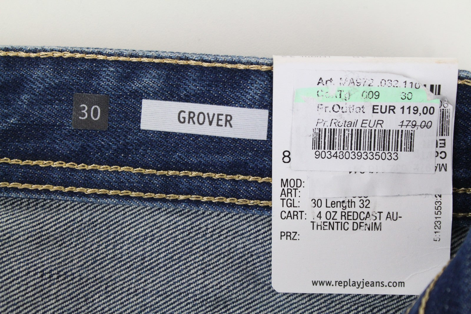 REPLAY Grover Men Jeans W30/L32 Straight Fit Pure Cotton Blue Casual Wash Denim