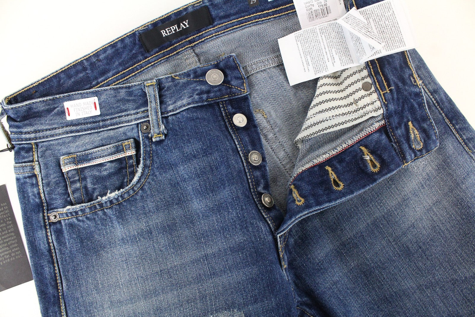 REPLAY Grover Men Jeans W29/L32 Straight Fit 5-Pocket Blue Pure Cotton Washed