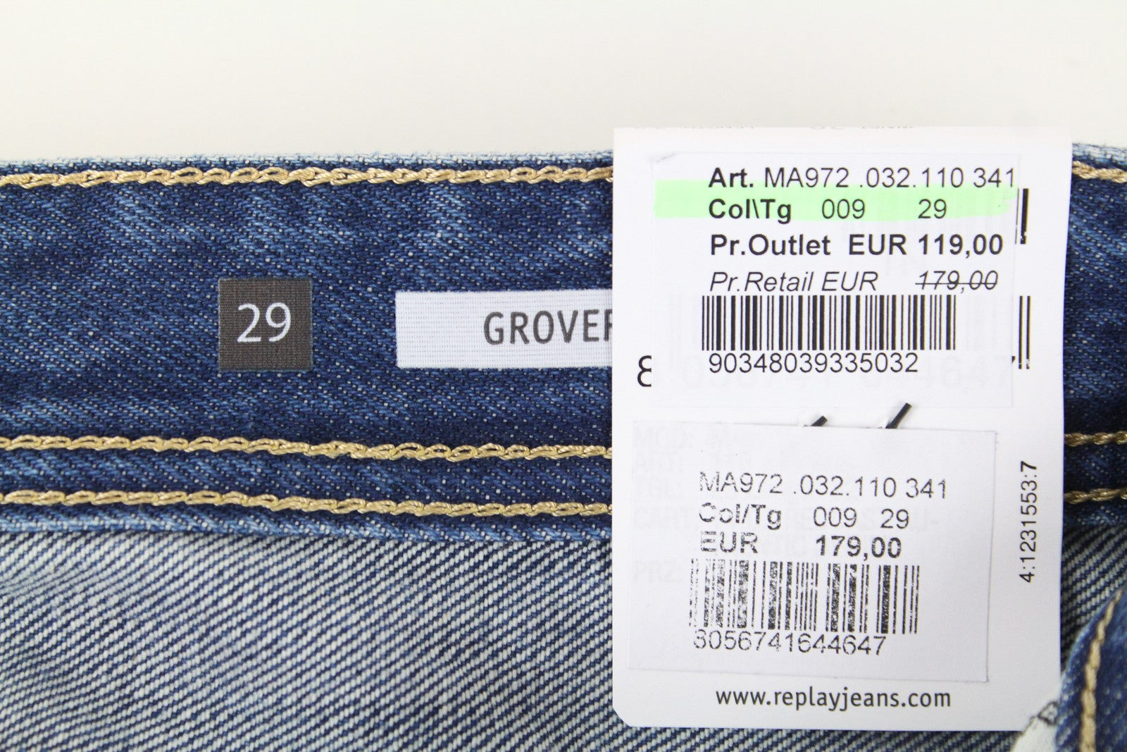 REPLAY Grover Men Jeans W29/L32 Straight Fit 5-Pocket Blue Pure Cotton Washed