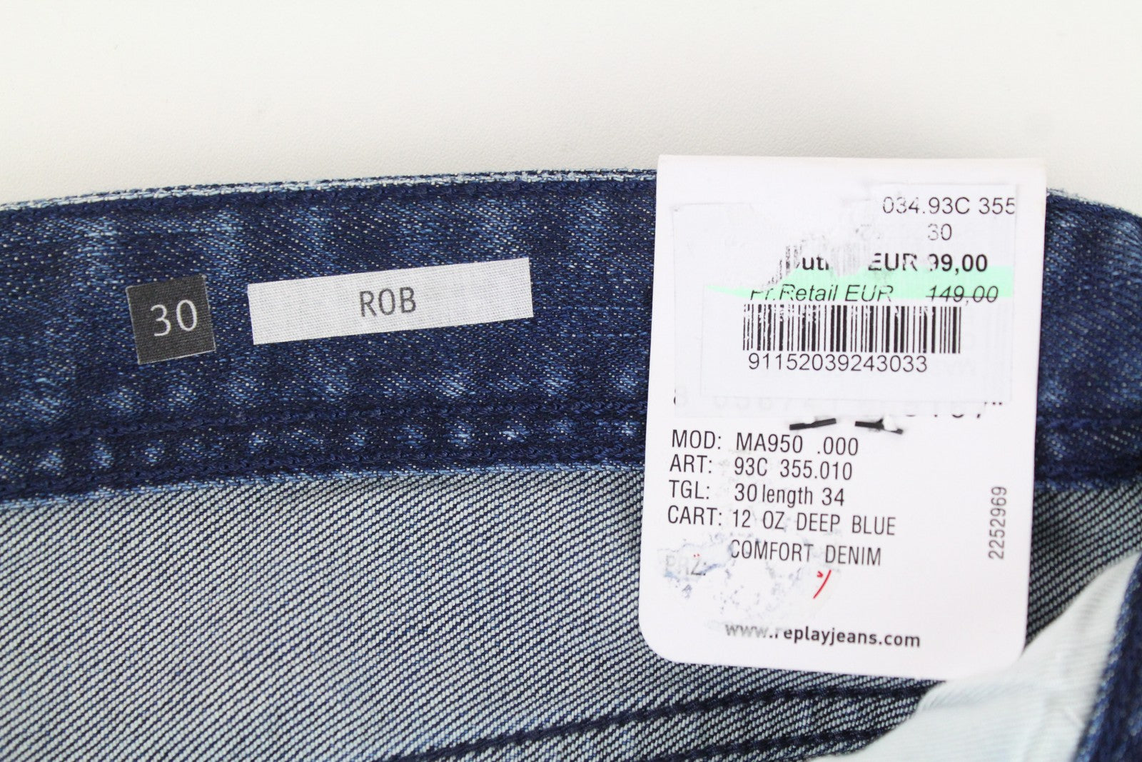 REPLAY Rob Men Jeans W30/L34 Straight Fit Tapered Blue Cotton Stretch Ripped