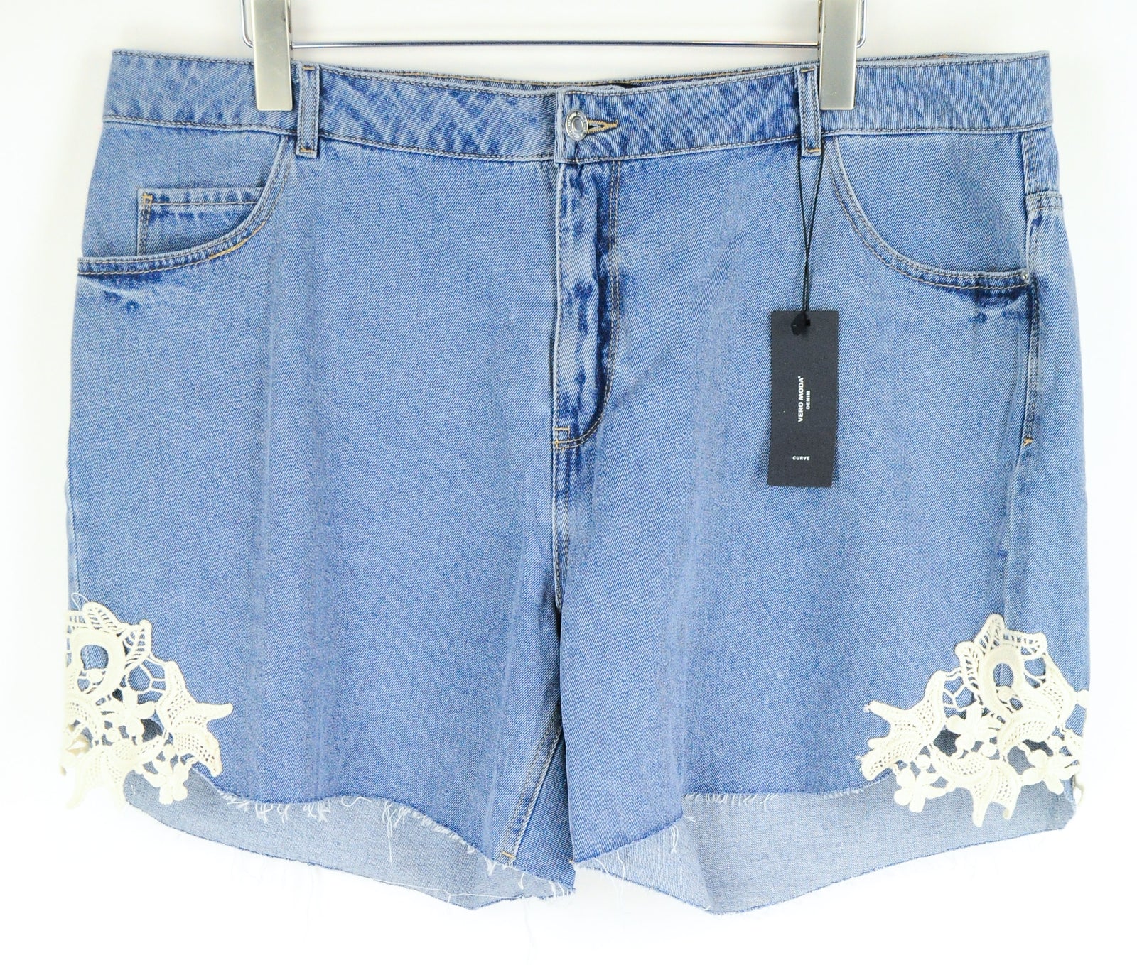 VERO MODA Women Shorts UK22 Blue Denim Pure Cotton Lace 5-Pocket Casual