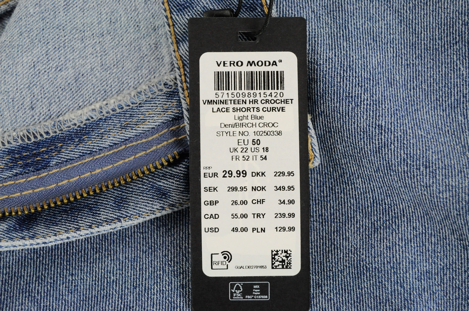 VERO MODA Women Shorts UK22 Blue Denim Pure Cotton Lace 5-Pocket Casual