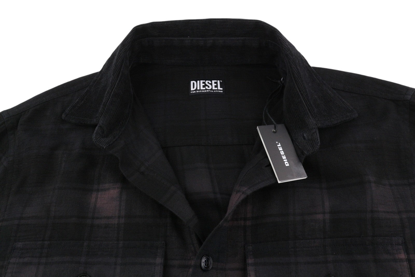 DIESEL S-Jess-Dip Men Shirt L Black Flannel Buttoned Plaid Spread Neck RRP€150