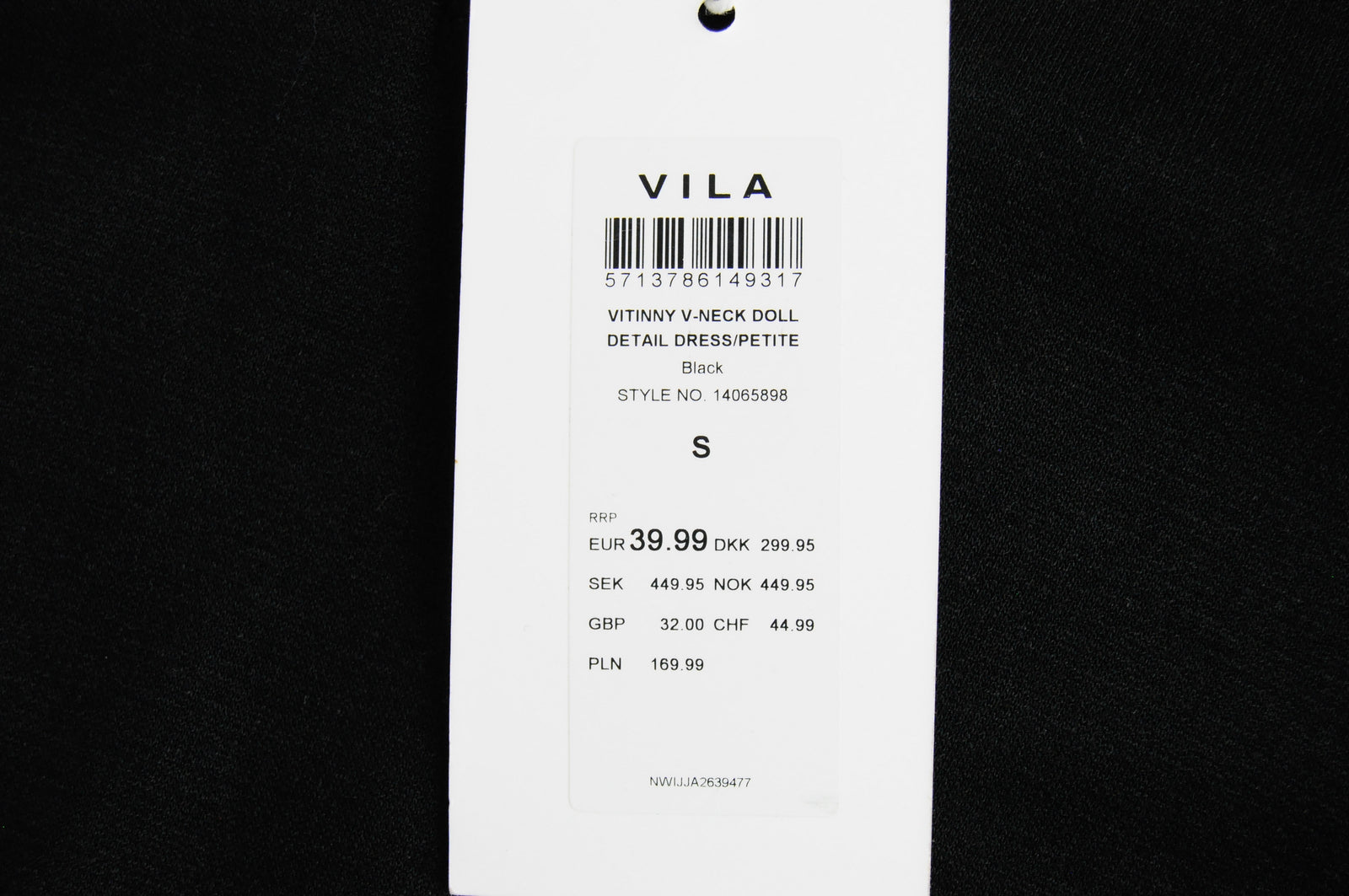 VILA Vitinny Women Dress S Black Petite V-Neck Long Sleeve Doll Detail Stretch