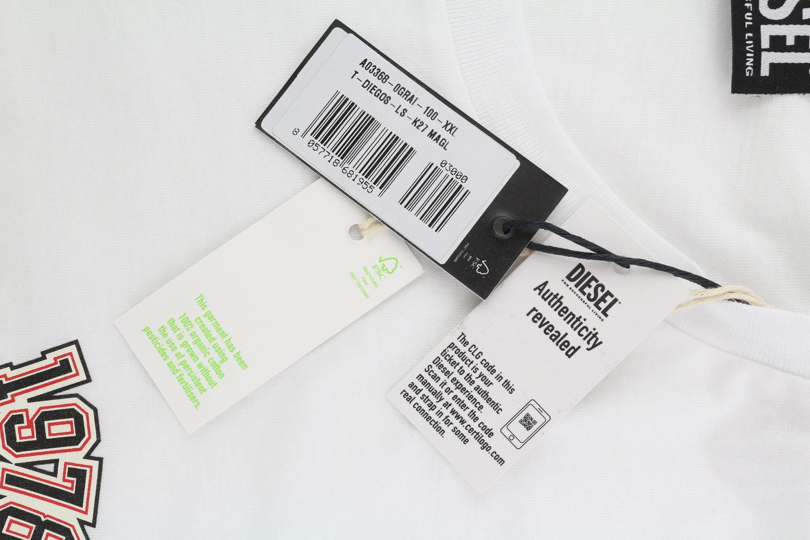 DIESEL T-Diegos-LS-K27 Men T-Shirt 2XL White Long Sleeve Crew Neck Tricot Logo