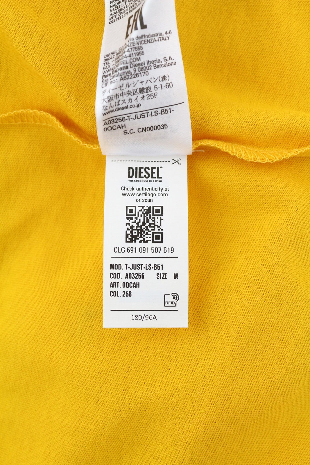 DIESEL T-Just-LS-B51 Men T-Shirt M Yellow Crew Collar Long Sleeve Tricot Logo