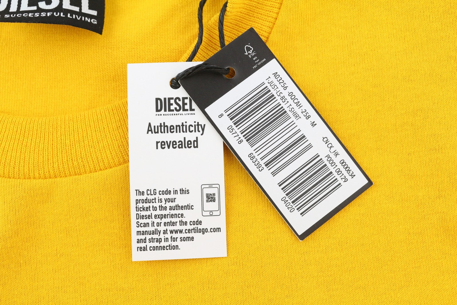 DIESEL T-Just-LS-B51 Men T-Shirt M Yellow Crew Collar Long Sleeve Tricot Logo