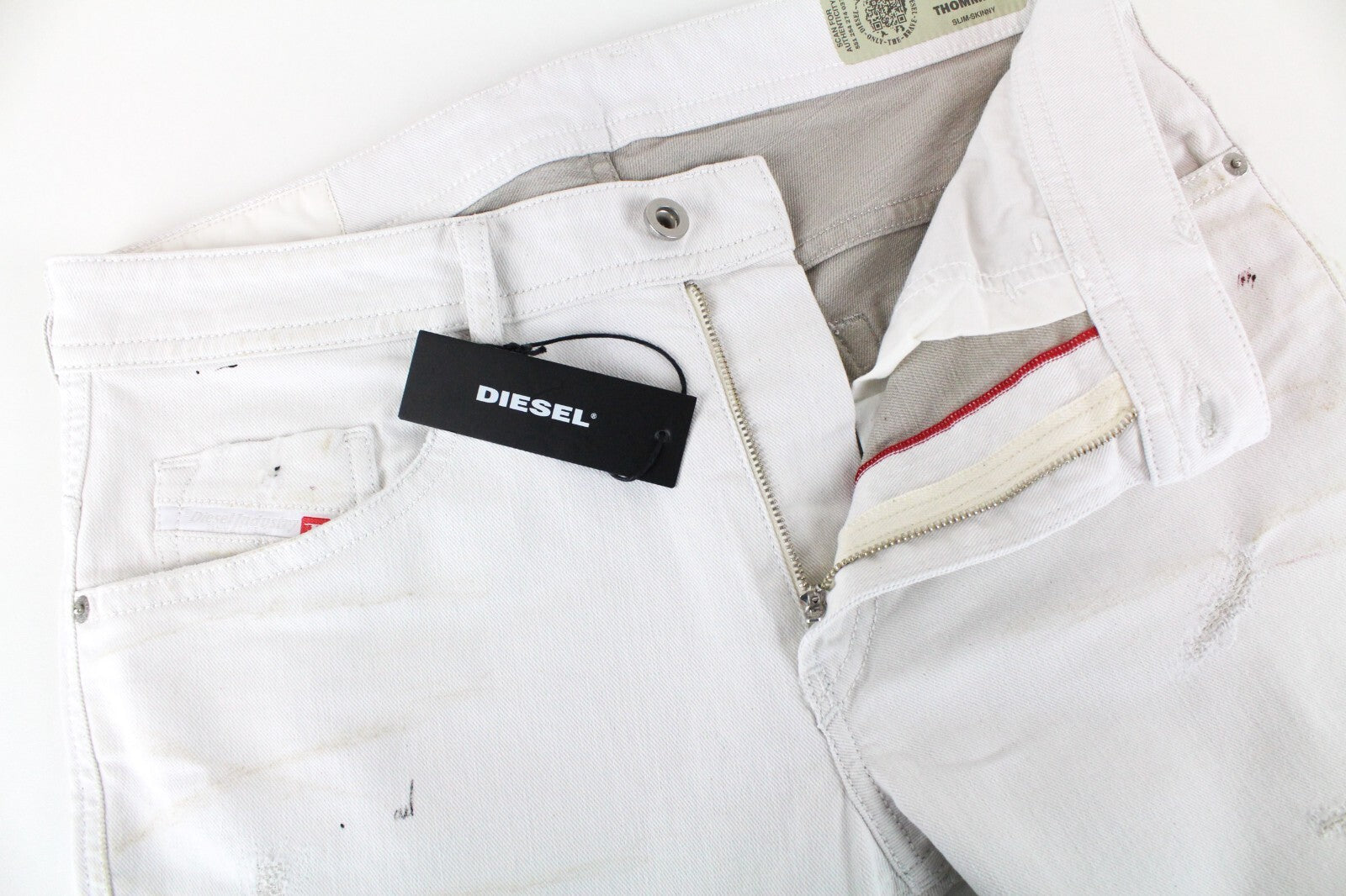 DIESEL Thommer 69DX vyriški džinsai W32/L34 Slim Skinny Ivory spalvos sendintos medvilnės tamprūs kirpimai 